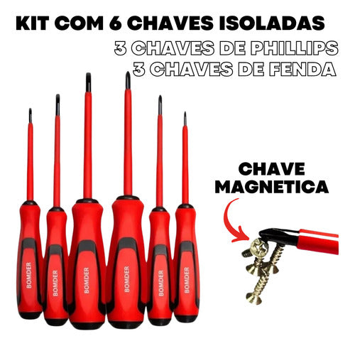 Kit Chaves Fenda E Philips Isolada P/ Eletricista 6 Pç Imã