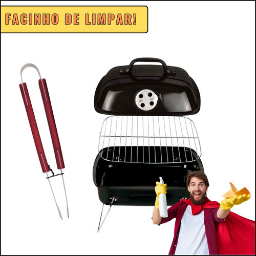 Kit Churrasqueira Carvão Bafo Tipo Maleta Dobrável Portátil